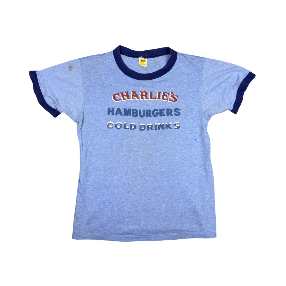 Vtg 70s Charlie's Hamburgers T Shirt S Blue Velva Sheen Ringer Addicks Texas